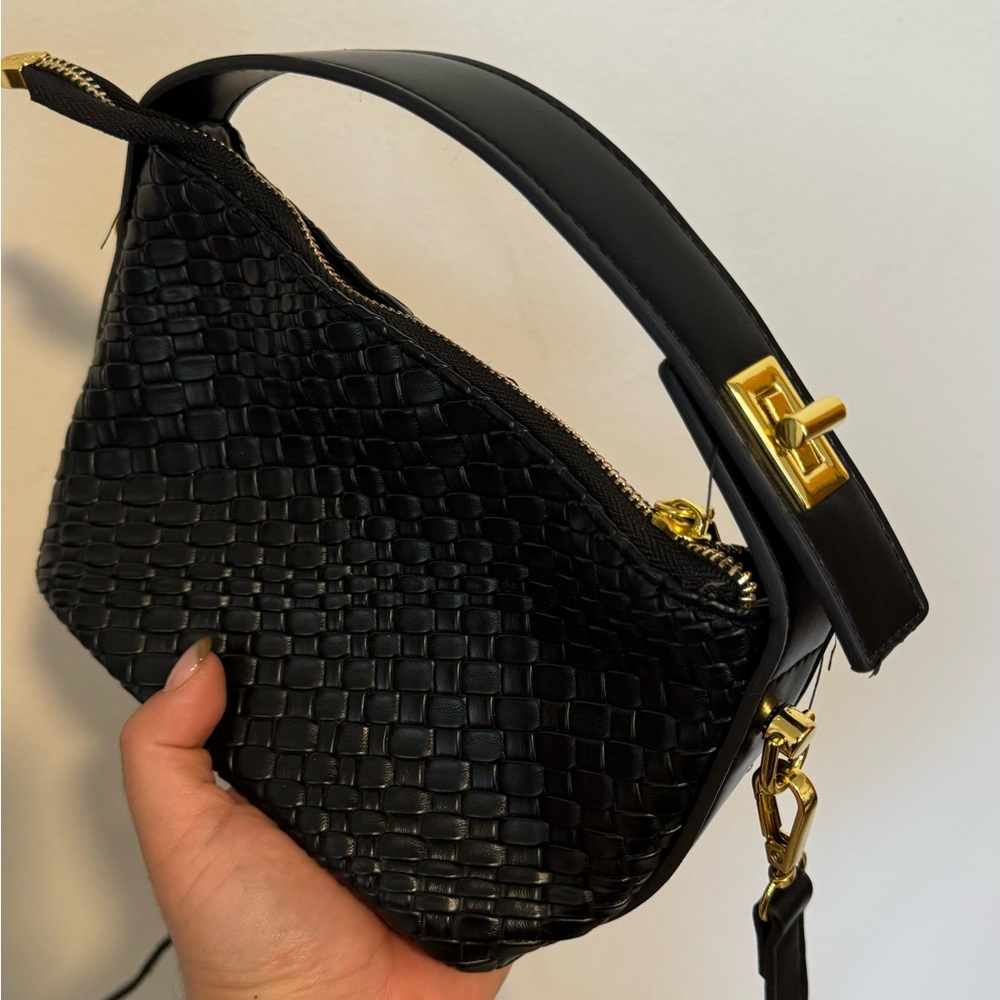 Woven leather clutch with gold hardware